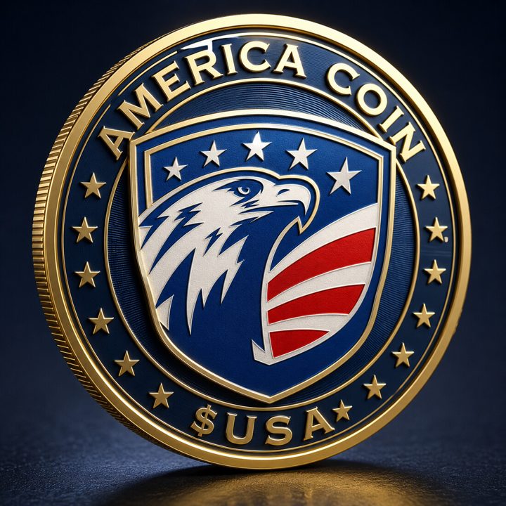 Obverse of the America Coin: a blue shield with an eagle head beside red and white stripes, ringed by stars and the words America Coin and $USA.