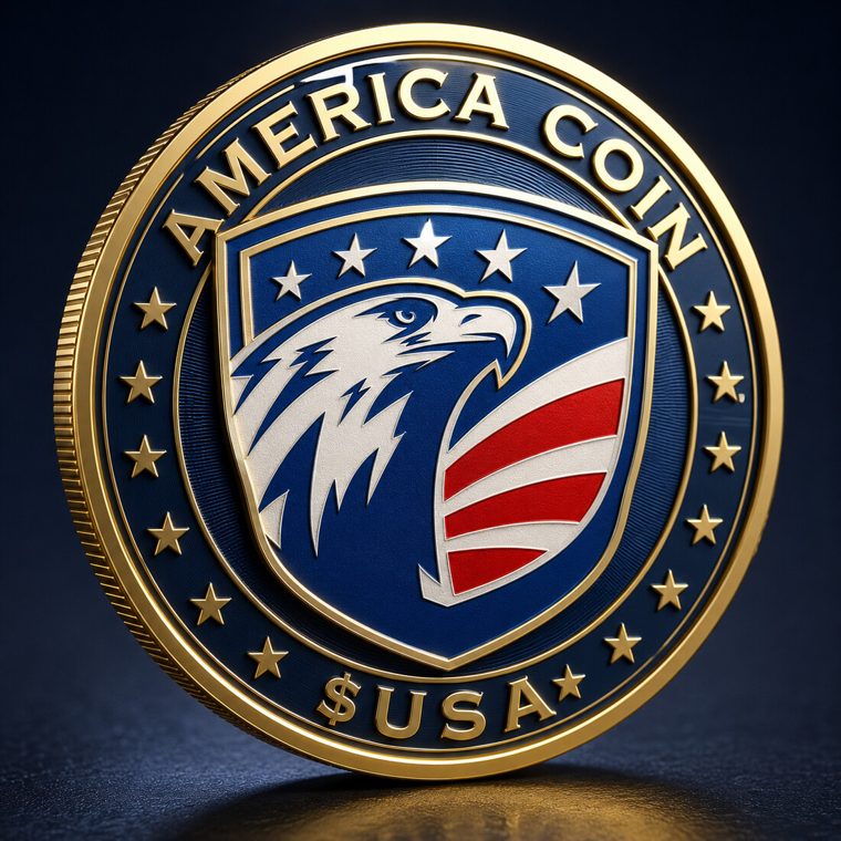 Obverse of the America Coin: a gold coin with a blue shield bearing an eagle head beside red and white stripes, encircled by stars and the words America Coin and $USA.