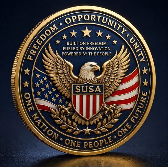Reverse of the America Coin: a gold eagle with spread wings over a striped shield, inscribed Freedom, Opportunity, Unity and One Nation, One People, One Future.