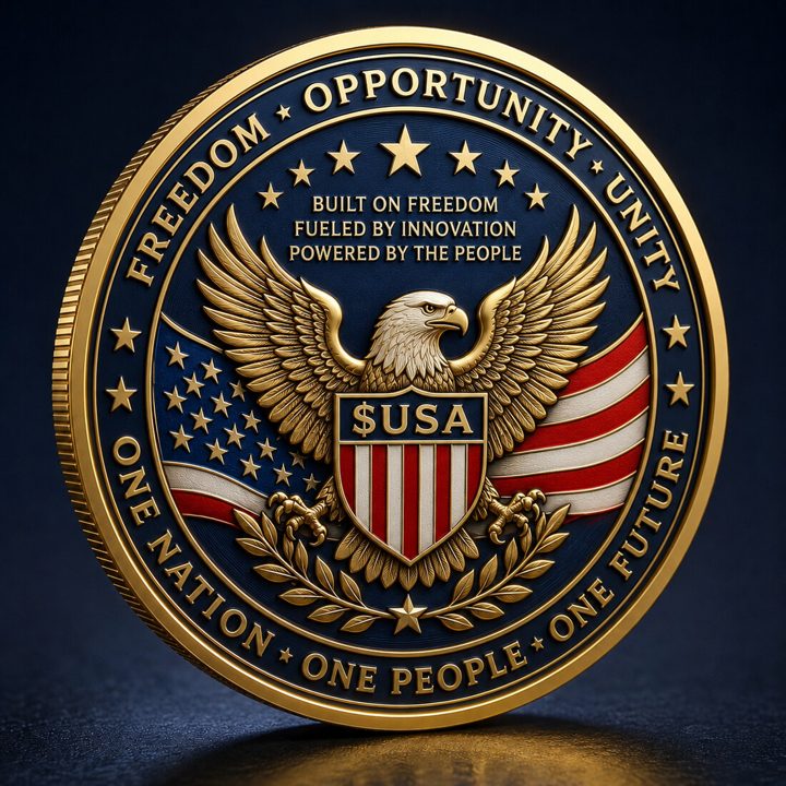 Reverse of the America Coin: a gold eagle with spread wings over a striped shield reading $USA, inscribed Freedom, Opportunity, Unity and One Nation, One People, One Future.